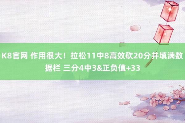 K8官网 作用很大！拉松11中8高效砍20分并填满数据栏 三分4中3&正负值+33